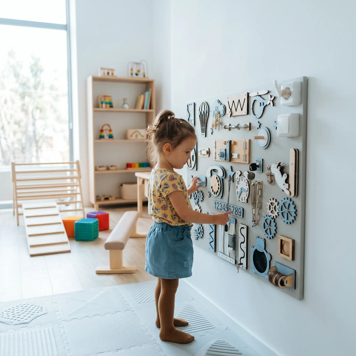 A young child stands in a bright playroom interacting with a large wall-mounted activity board covered in wooden letters, gears, shapes, and sensory pieces. The room has light wood flooring, a small wooden bench, and shelves in the background.