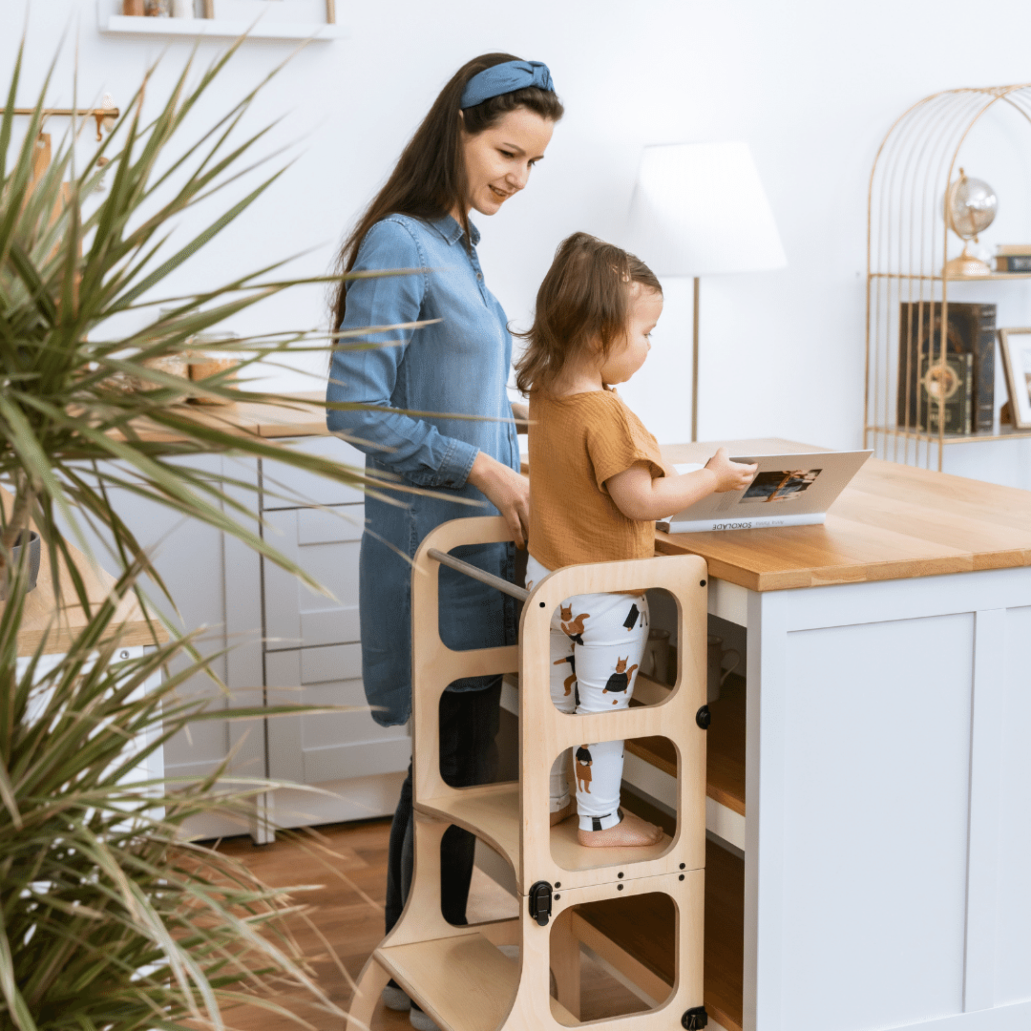 Montessori inspired 2-in-1 Toddler Helper Tower/Activity Table - Natural wood