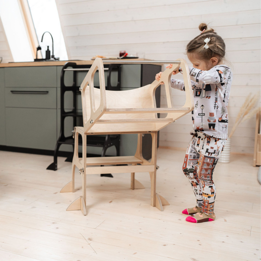 Montessori inspired 2-in-1 Toddler Helper Tower/Activity Table - Natural wood
