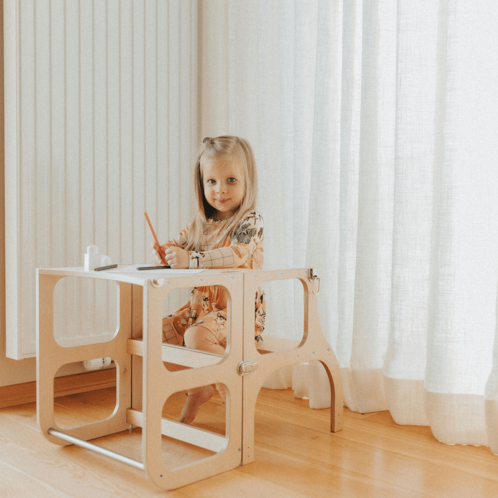 Montessori inspired 2-in-1 Toddler Helper Tower/Activity Table - Natural wood