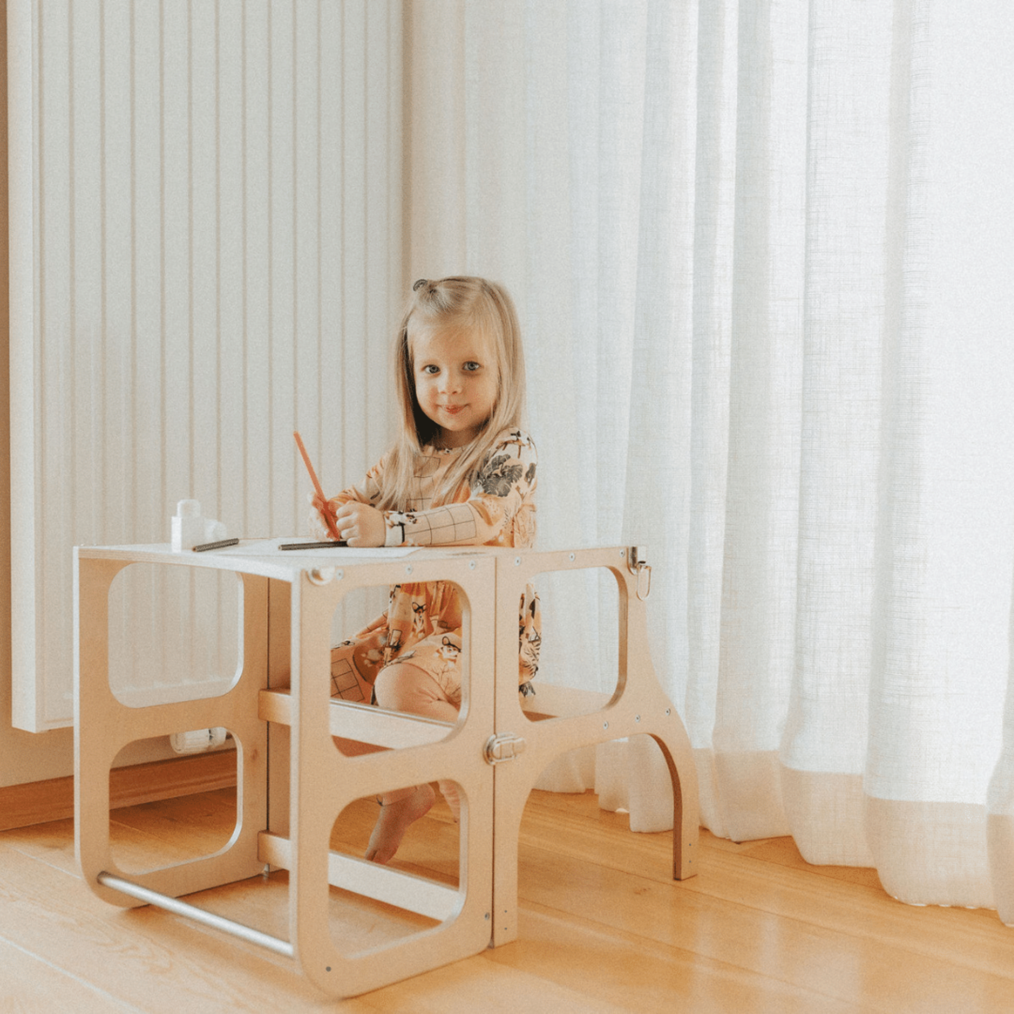 Montessori inspired 2-in-1 Toddler Helper Tower/Activity Table - Natural wood