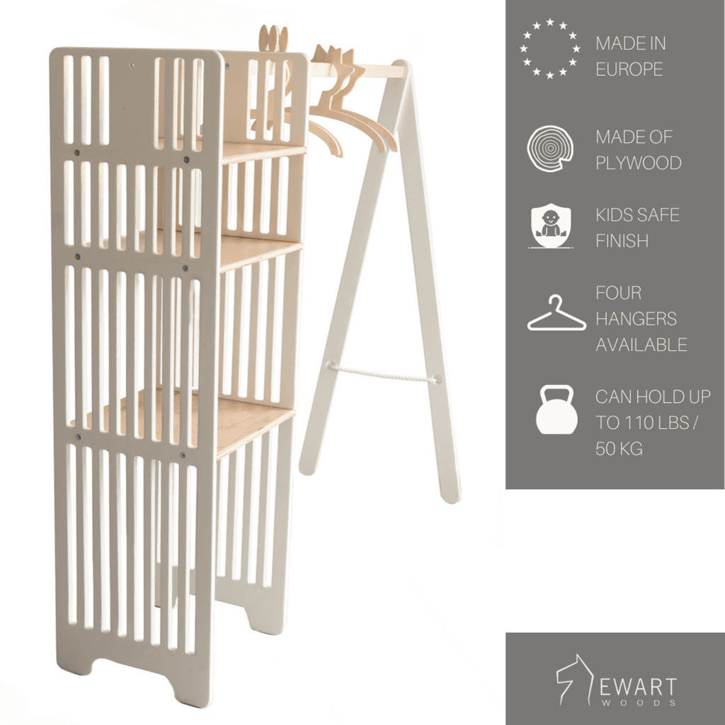 Wooden Montessori-inspired clothing rack for children with shelves, eco-friendly plywood, child-sized wardrobe for nursery organisation