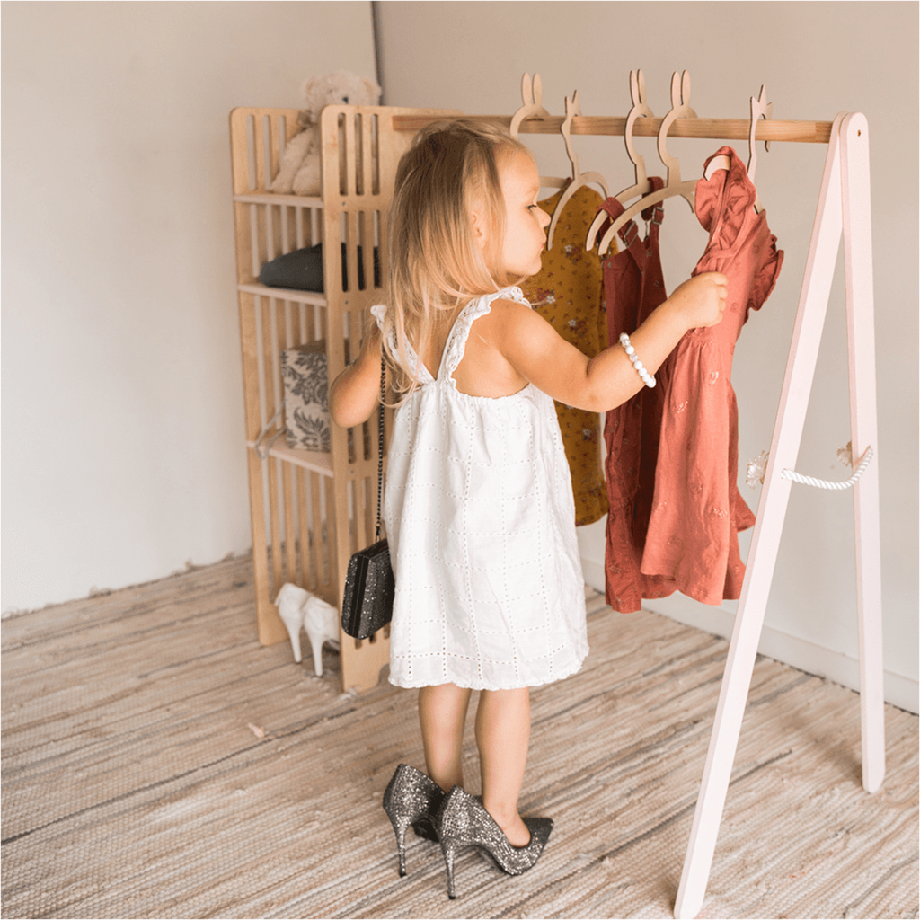Wooden Montessori-inspired clothing rack for children with shelves, eco-friendly plywood, child-sized wardrobe for nursery organisation