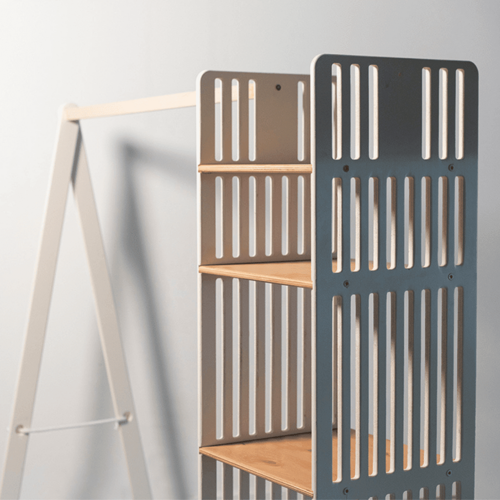 Wooden Montessori-inspired clothing rack for children with shelves, eco-friendly plywood, child-sized wardrobe for nursery organisation
