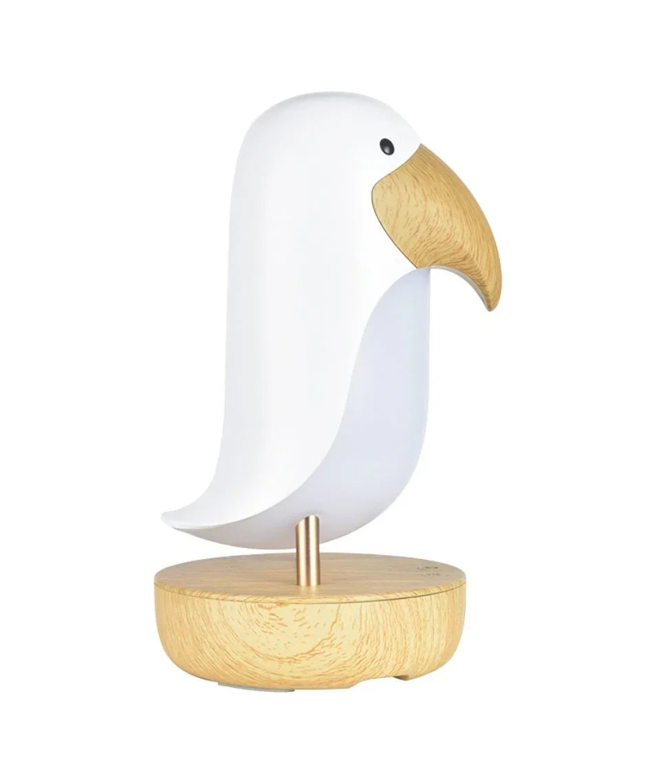 Modern wooden parrot lamp with white body and natural wood accents, minimalist decor