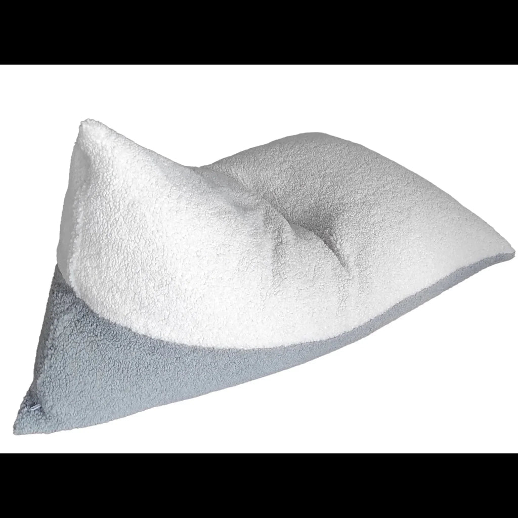 Soft two-tone kids bean bag chair with white and light grey plush fabric.