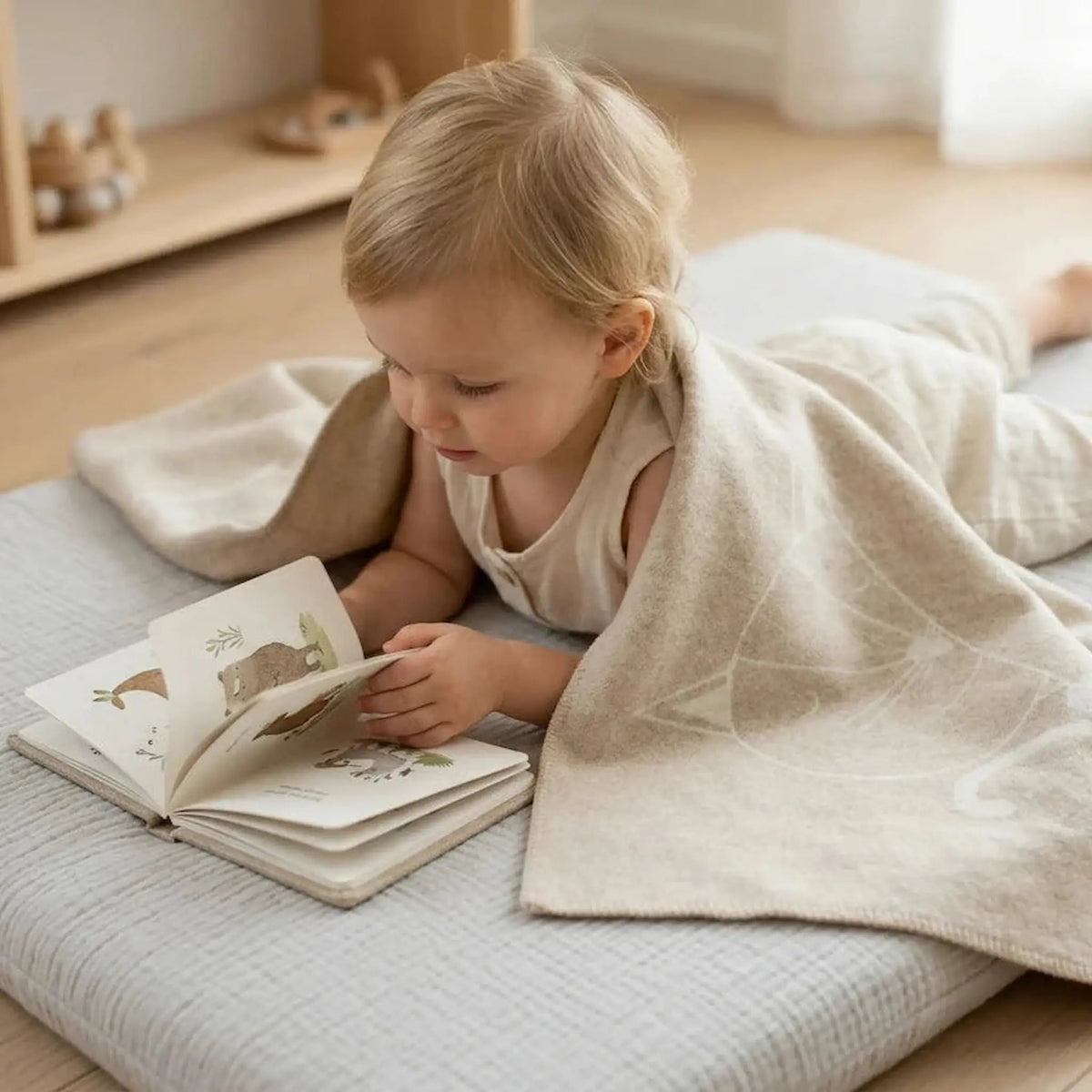 Merino Wool Baby Blanket - Eco-Friendly Cuddle Blanket with Hand-Illustrated Kitten Print - Domus formosa