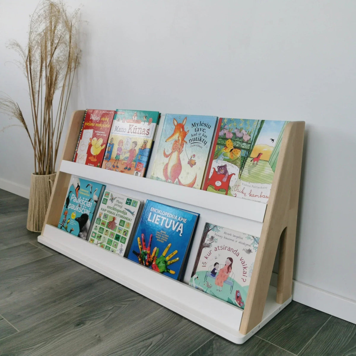 Children's books on a wooden bookshelf against a white wall.