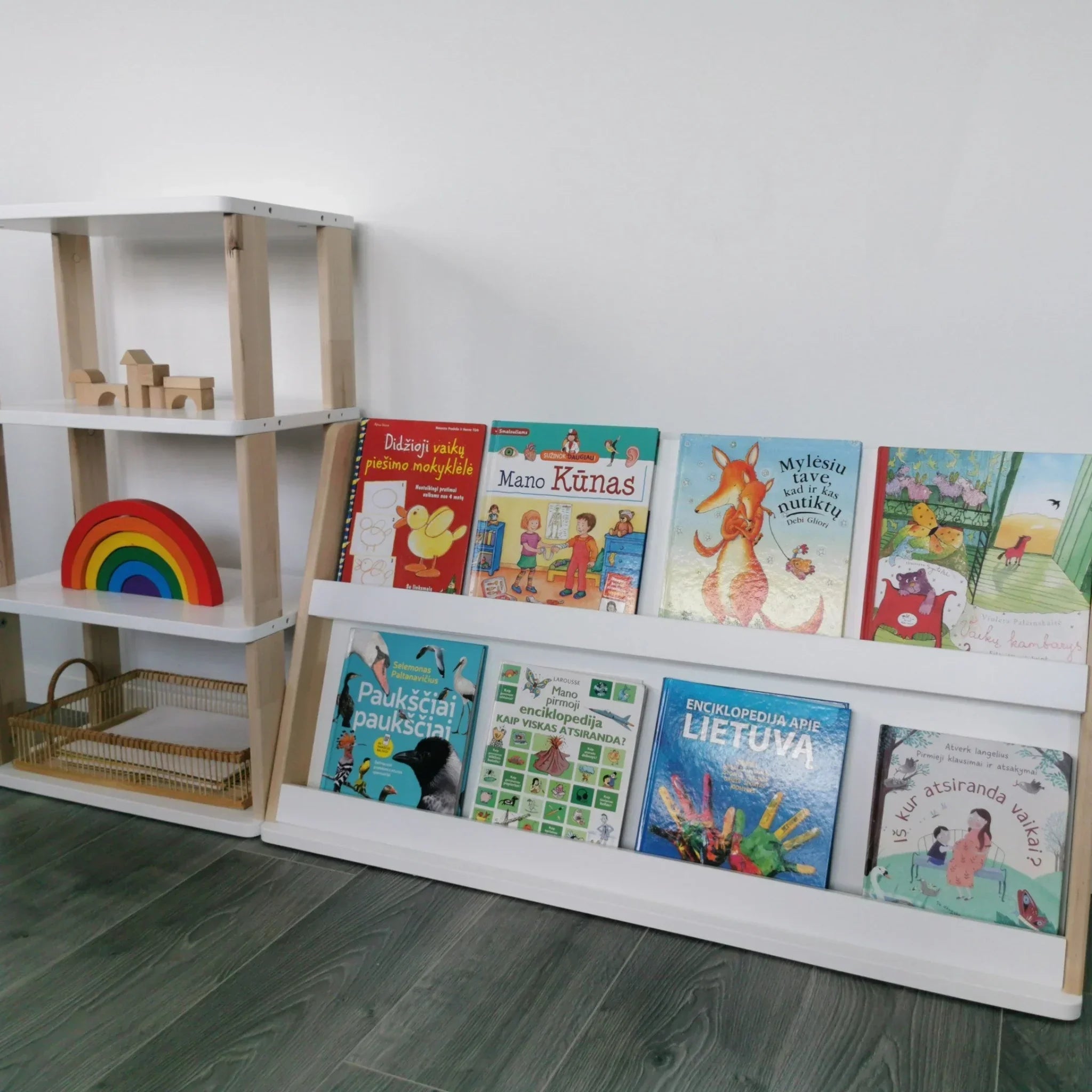 Montessori-style wooden shelf with books, rainbow toy, and educational blocks in a modern playroom.