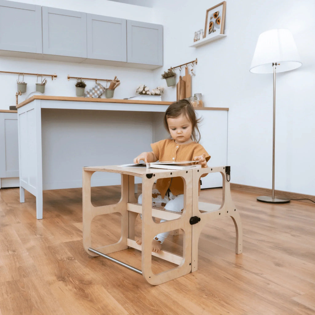 Montessori 2‑in‑1 Helper Tower & Activity Table – Natural Wood, CE‑Certified Learning Furniture - Domus formosa