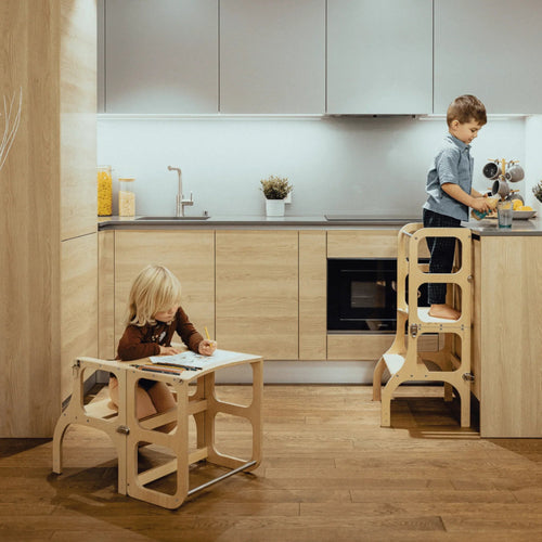 Montessori 2‑in‑1 Helper Tower & Activity Table – Natural Wood, CE‑Certified Learning Furniture - Domus formosa