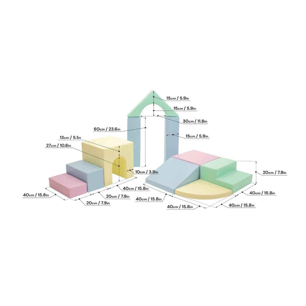 Colourful geometric foam blocks with measurements on a white background