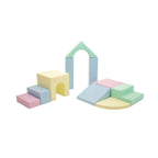 Set of pastel-coloured building blocks on a white background