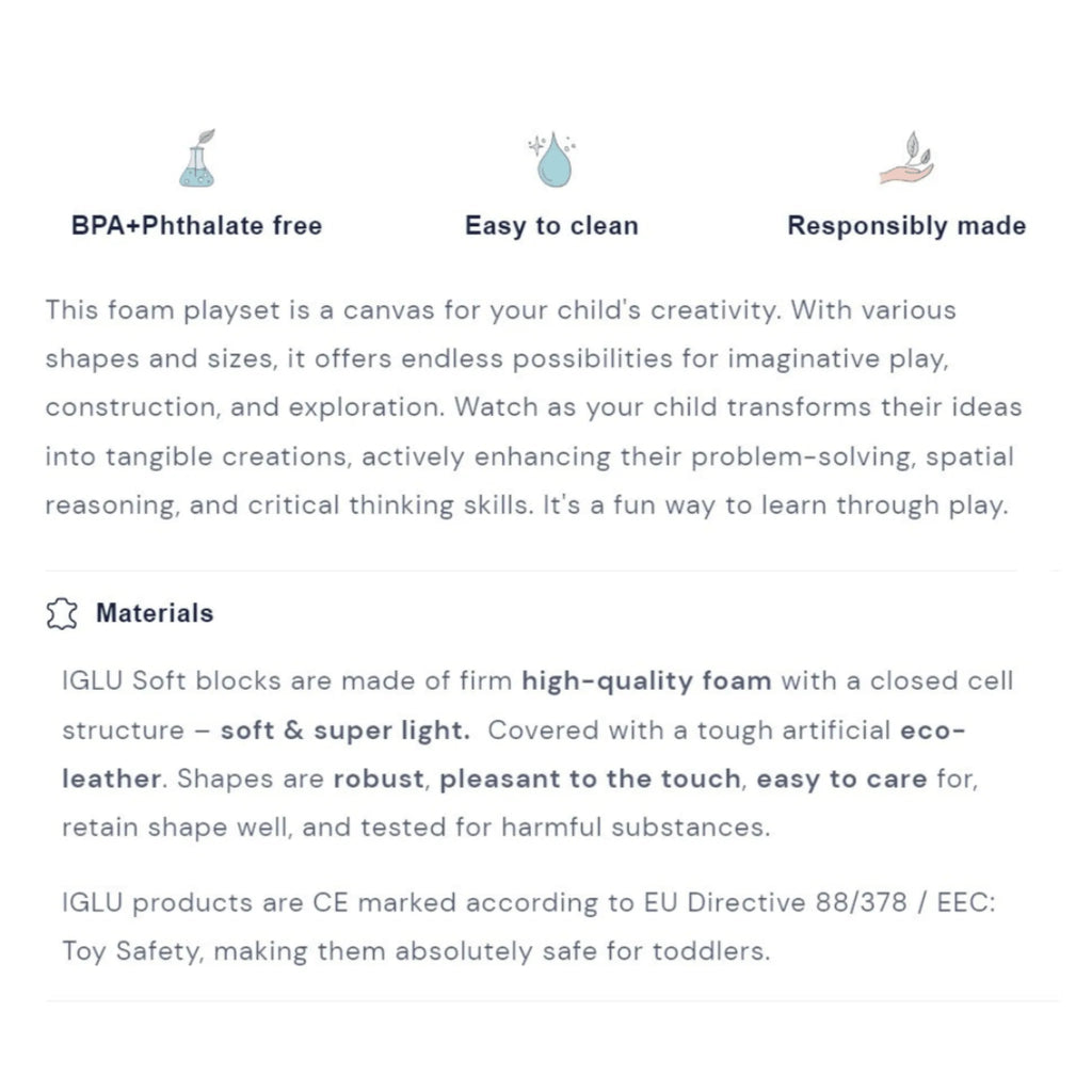Text describing features and materials of a foam playset on a white background