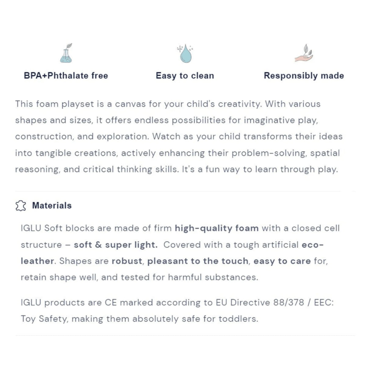 Text describing features and materials of a foam playset on a white background