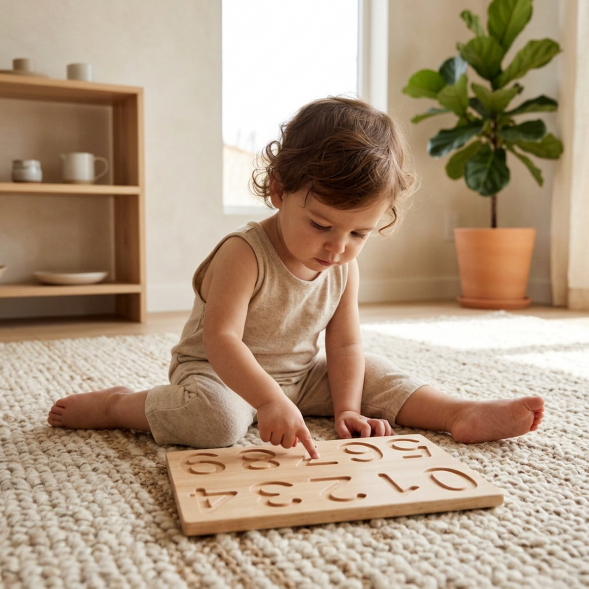 A toddler sits on a cream rug in a bright room, pointing at a wooden number-sorting board with carved numbers. The child wears a beige sleeveless outfit, with a light wood shelf and a potted plant in the background.