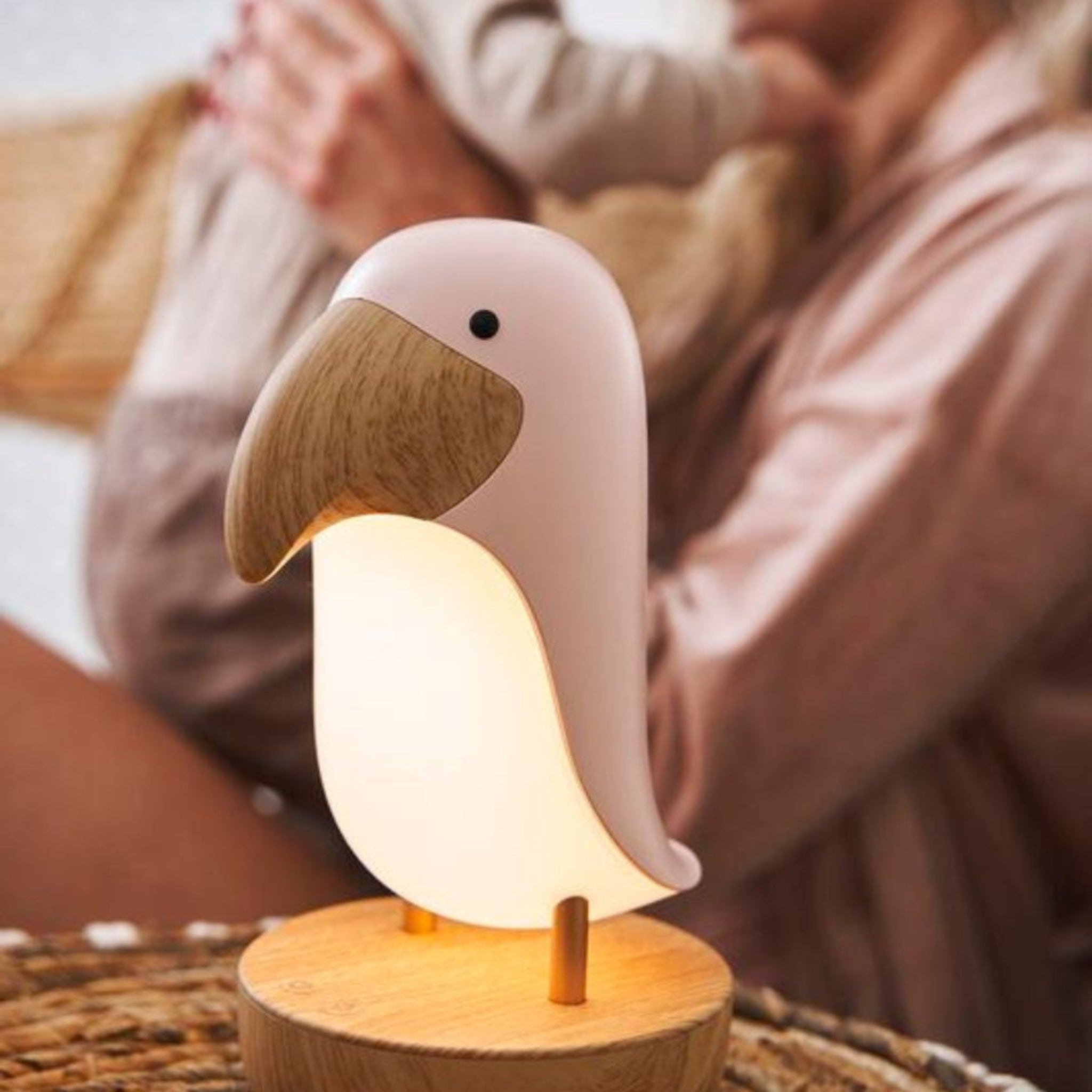 Pink Bird night lamp with built‑in Bluetooth speaker, eco‑friendly design, adjustable soft light for children’s room, CE & RoHS certified