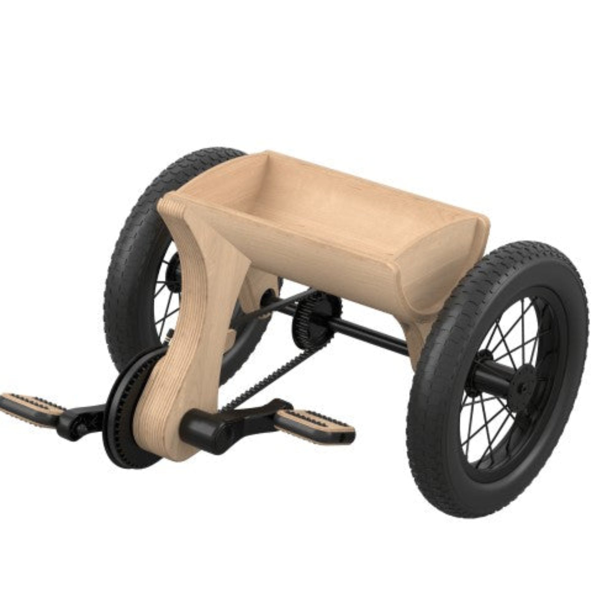 Wooden tricycle add-on kit with black pedals and wheels for balance bike