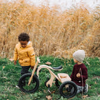 Two children playing with a wooden tricycle in a field of tall grass.