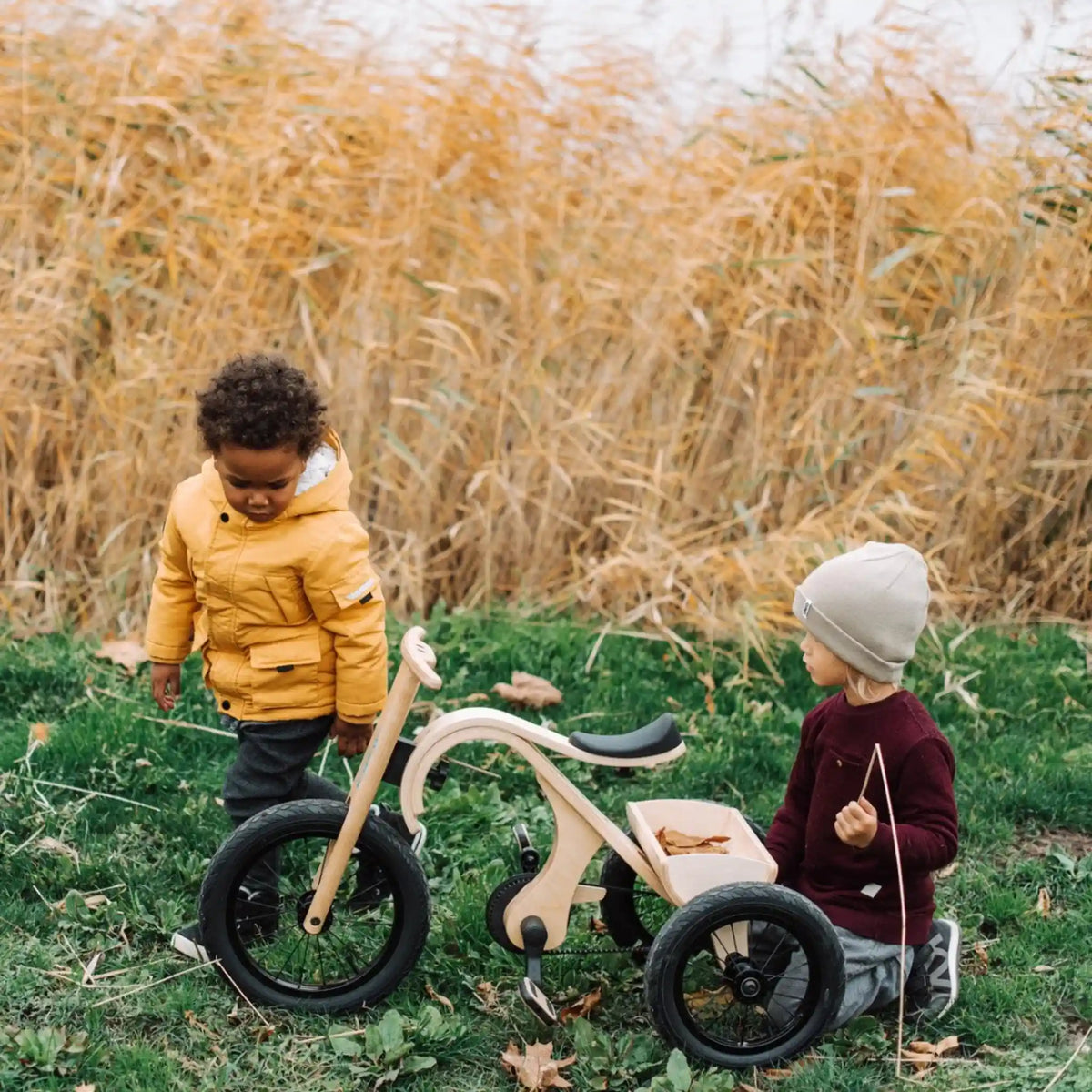 Two children playing with a wooden tricycle in a field of tall grass.