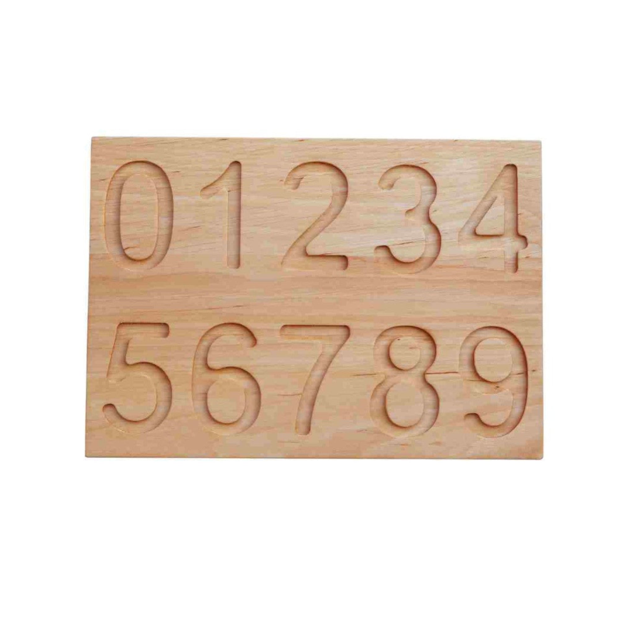 Wooden Montessori number board with engraved numbers 0 to 9 for early math learning