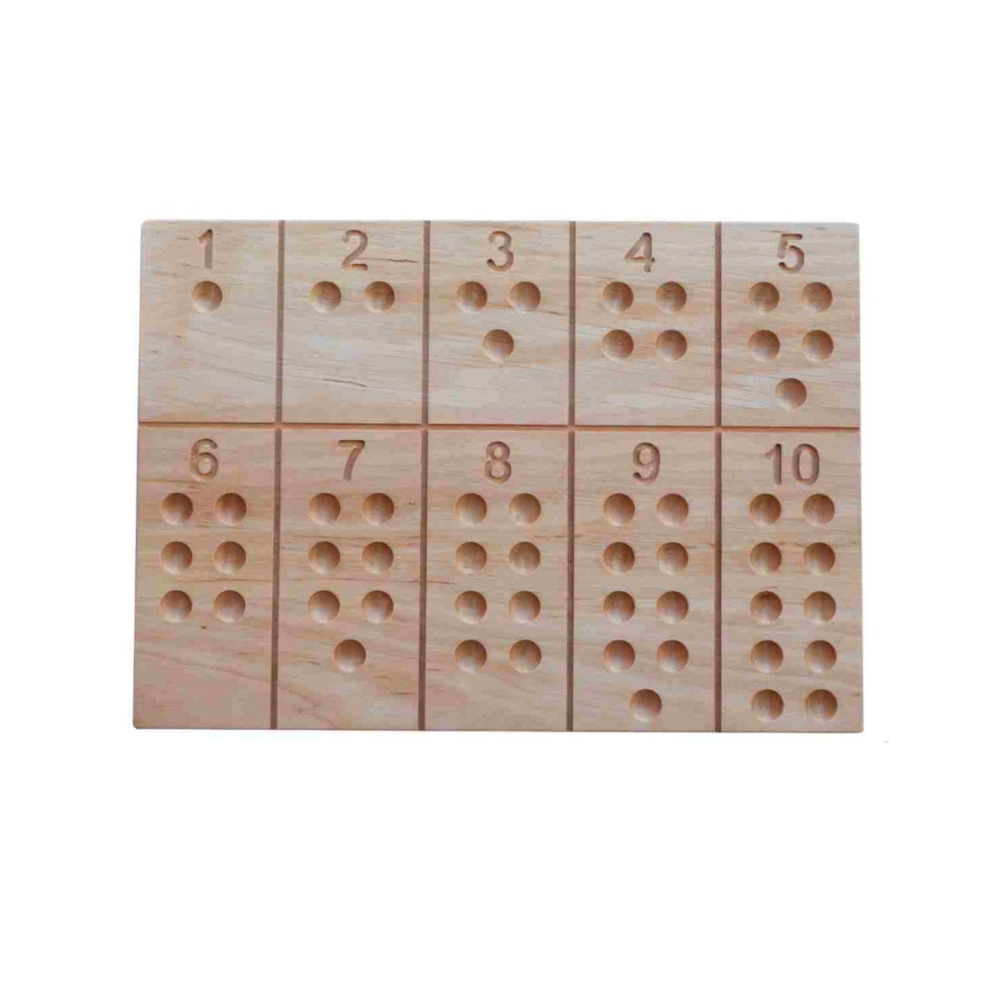 Wooden Montessori number board with engraved numbers and counting holes for kids